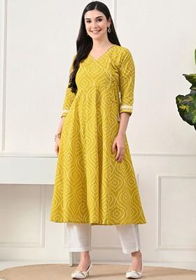 Yellow Printed Blended Kurta Set