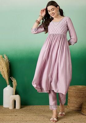 Lavender Embroidered Blended Kurta Set