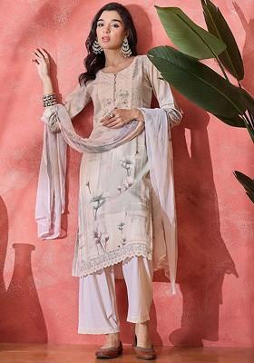 Beige Embroidered Blended Kurta Set