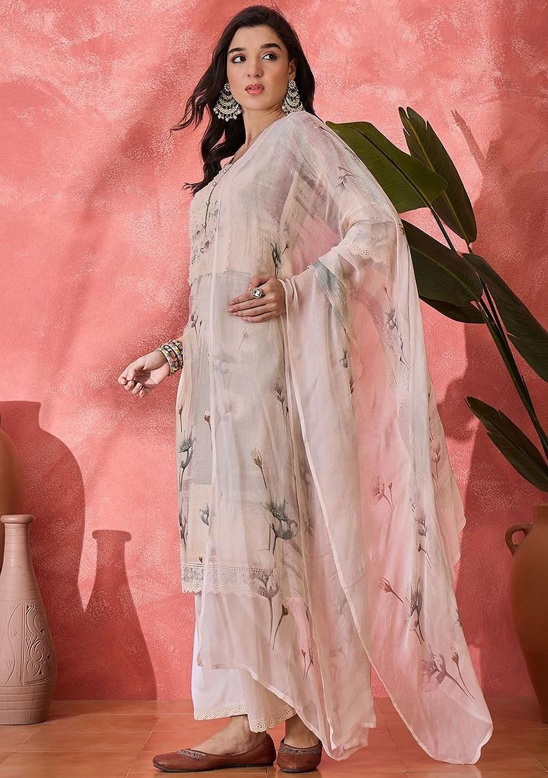 Beige Embroidered Blended Kurta Set - Indya