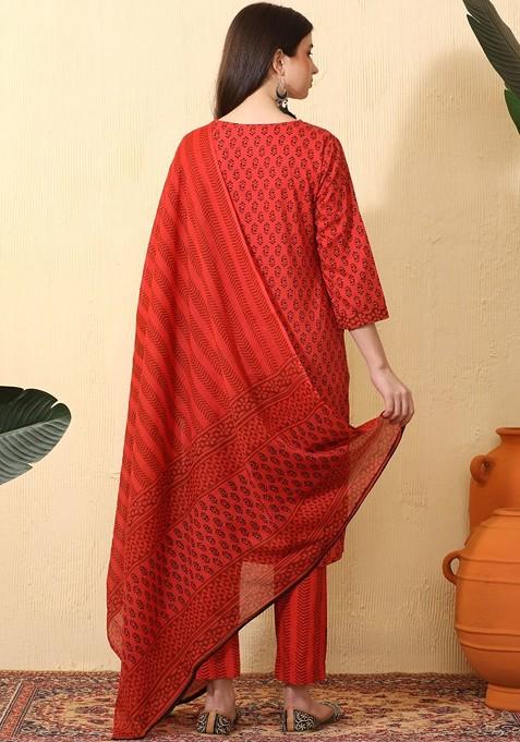 Red Printed Blended Kurta Set