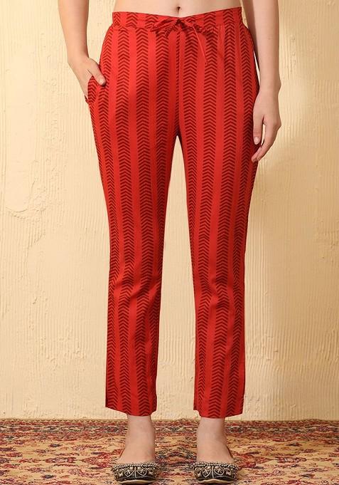 Red Printed Blended Kurta Set