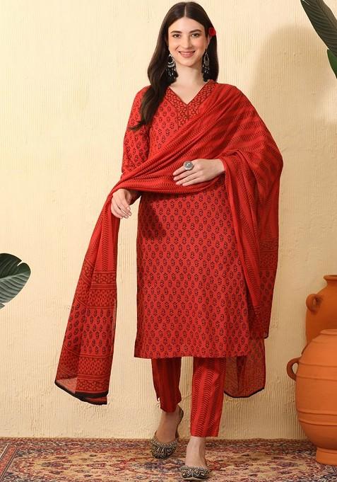 Red Printed Blended Kurta Set