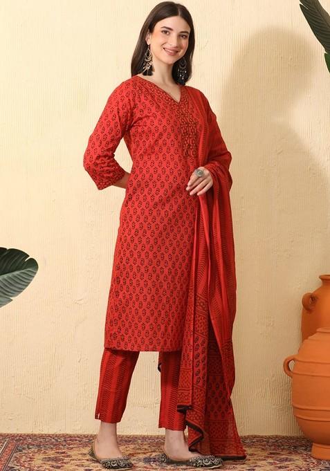 Red Printed Blended Kurta Set