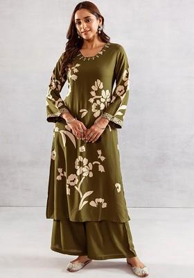 Olive Printed Blended Kurta Set