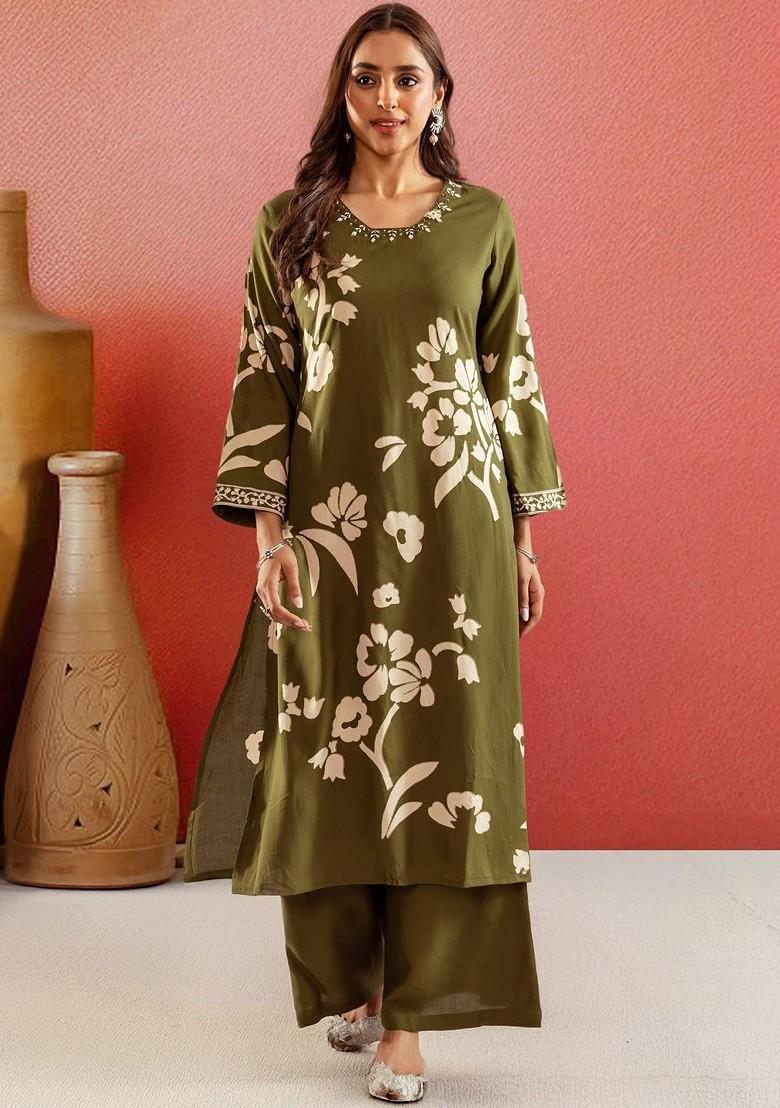 Olive Printed Blended Kurta Set - Indya