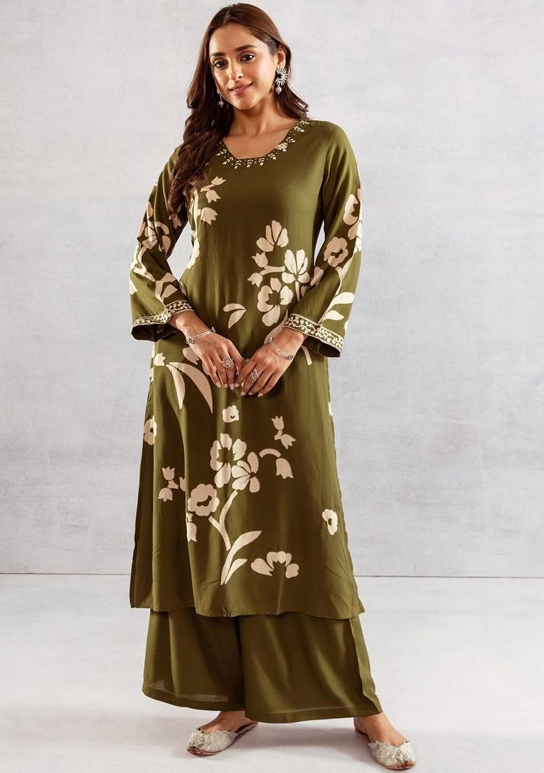 Olive Printed Blended Kurta Set - Indya