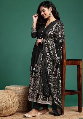 Black Printed Blended Kurta Set