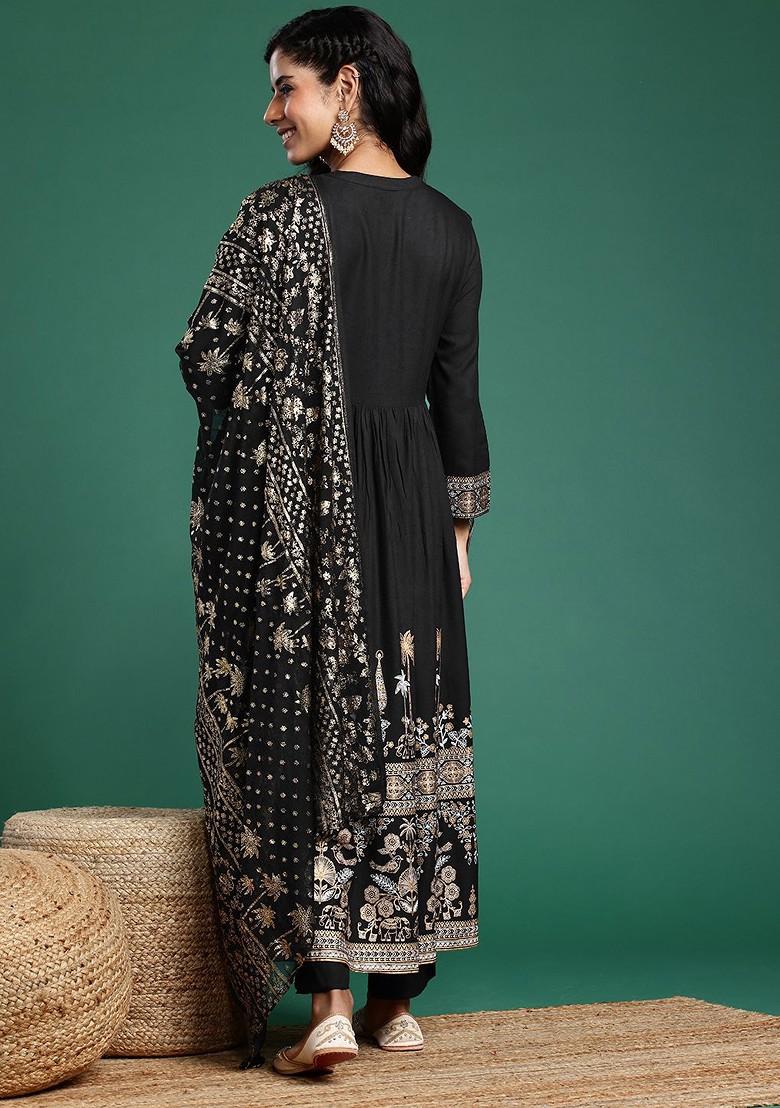 Black Printed Blended Kurta Set - Indya