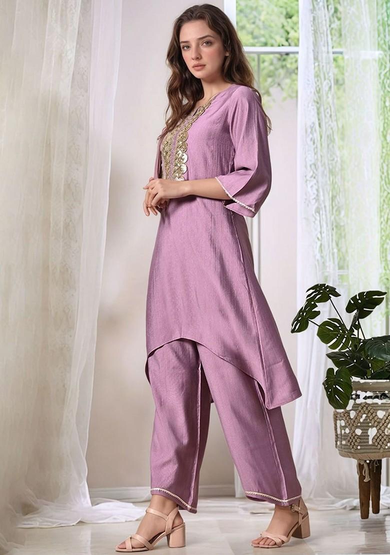 Lavender Sequinned Blended Kurta Set - Indya