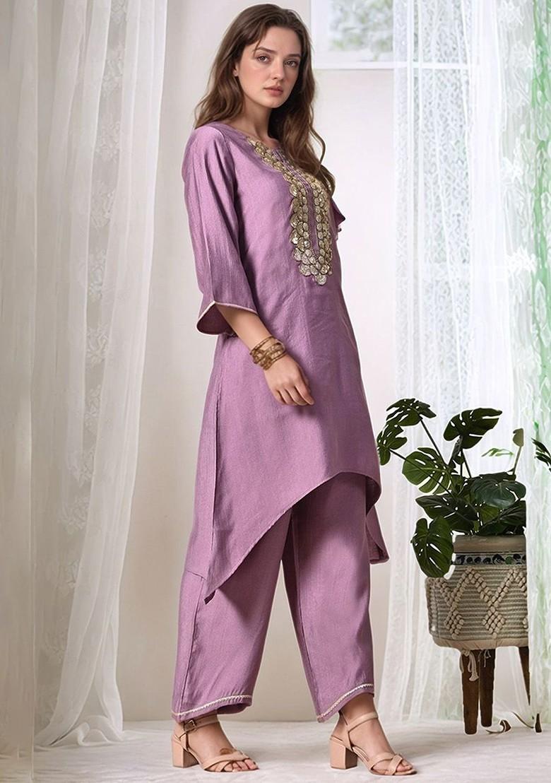 Lavender Sequinned Blended Kurta Set - Indya