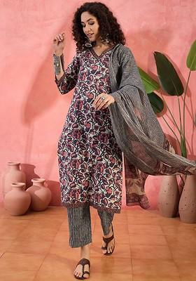 Grey Printed Blended Kurta Set