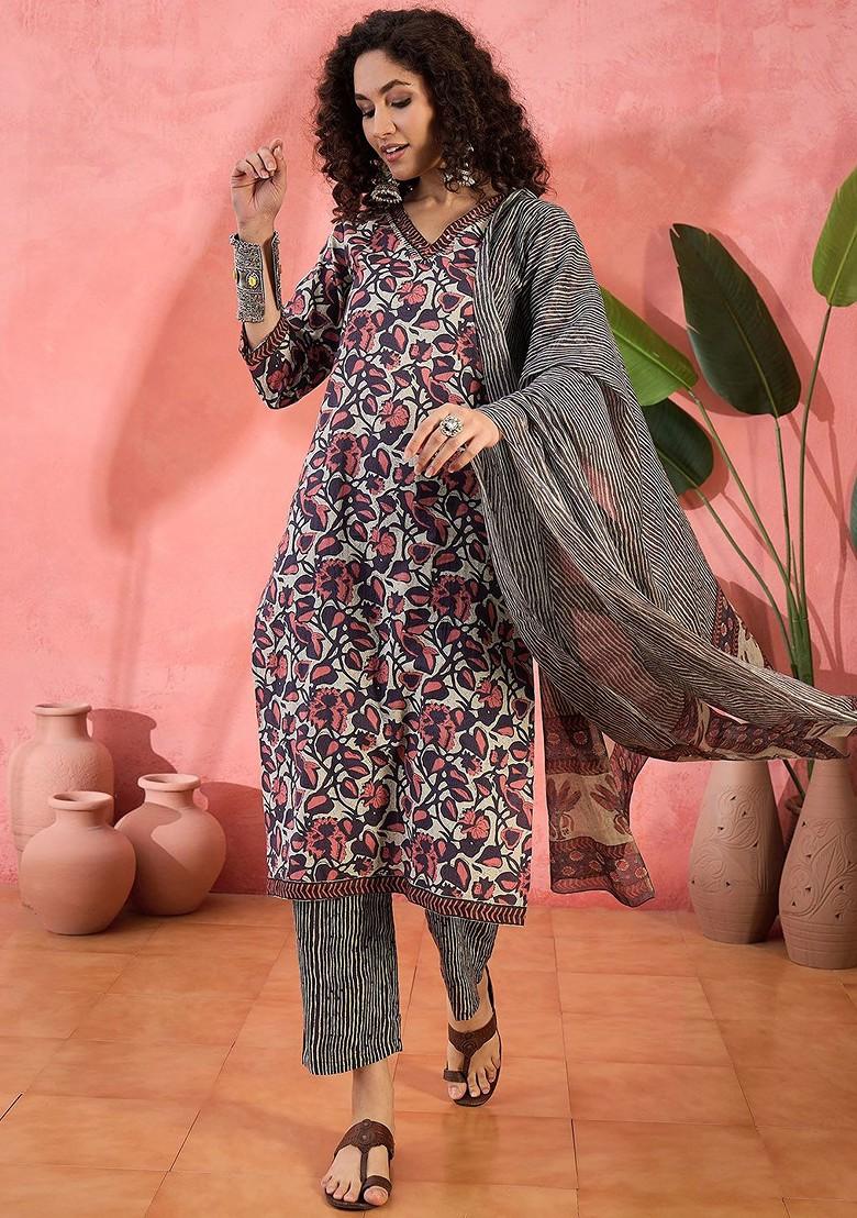 Grey Printed Blended Kurta Set - Indya