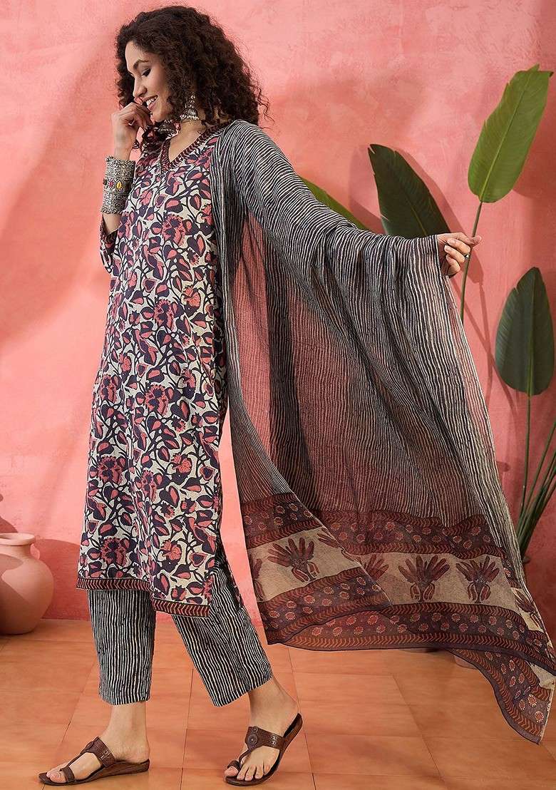 Grey Printed Blended Kurta Set - Indya