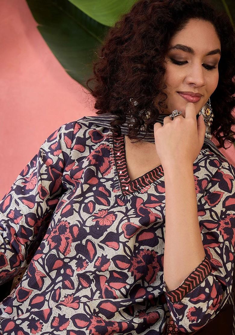 Grey Printed Blended Kurta Set - Indya