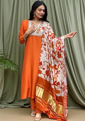 Rust Printed Blended Kurta Set
