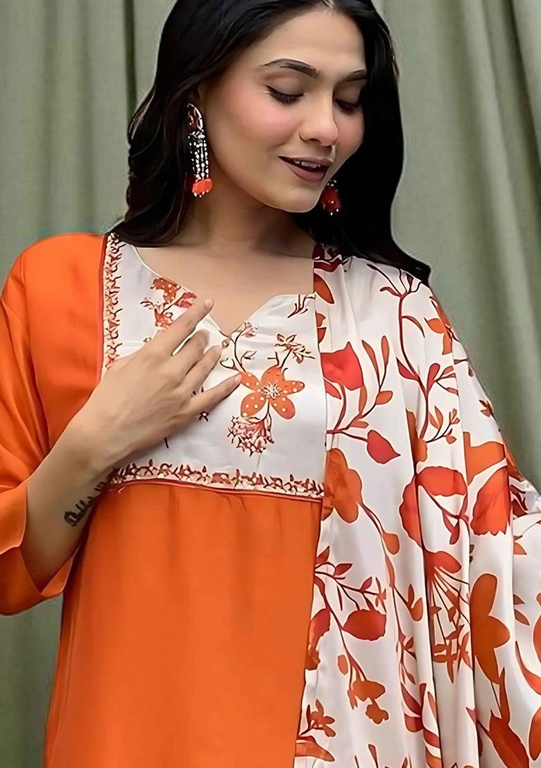 Rust Printed Blended Kurta Set - Indya