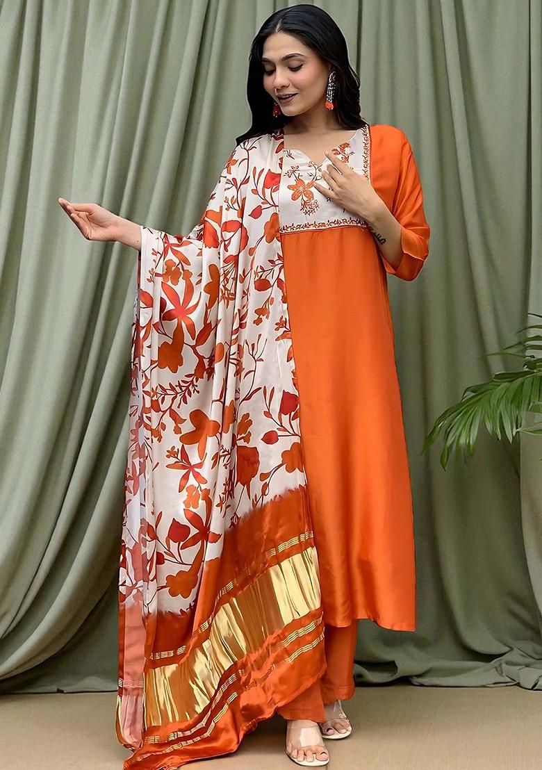 Rust Printed Blended Kurta Set - Indya