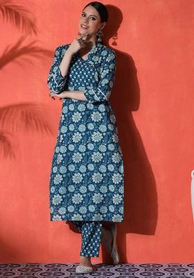 Navy Blue Printed Blended Kurta Set