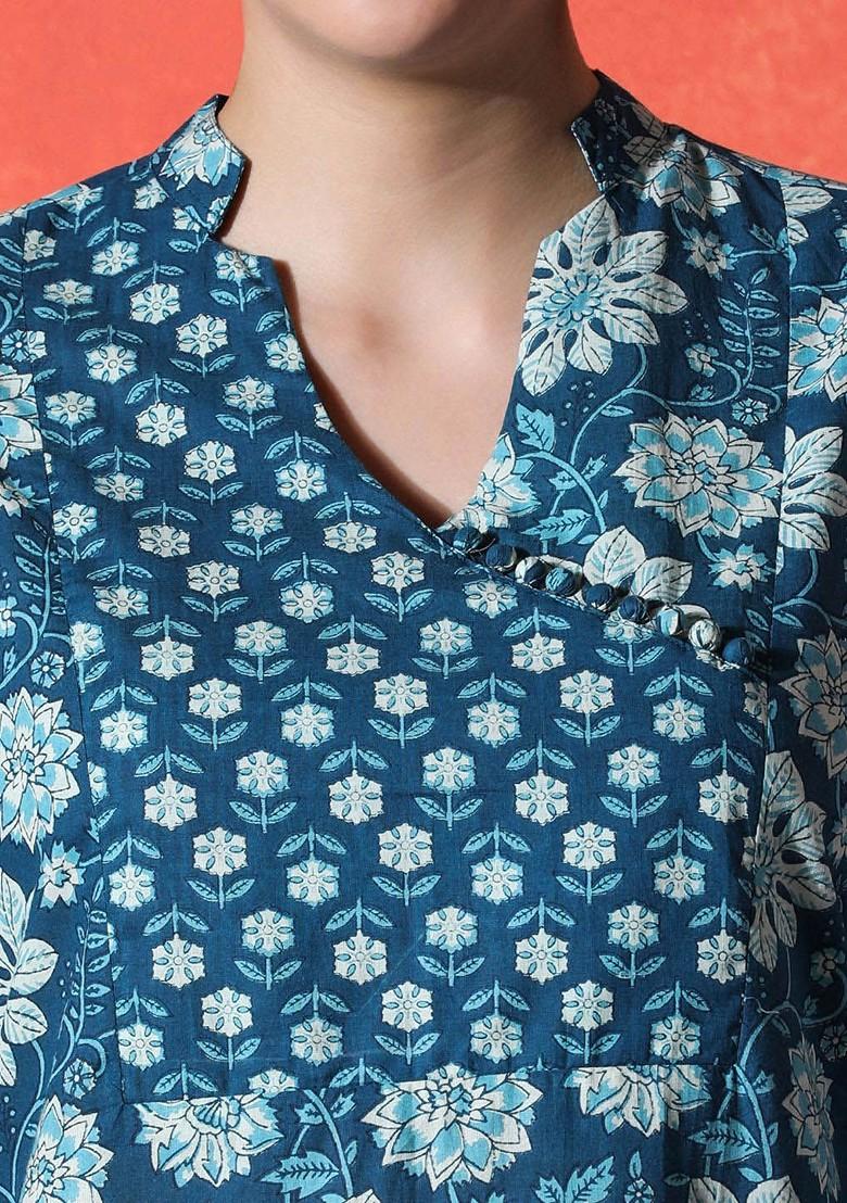 Navy Blue Printed Blended Kurta Set - Indya