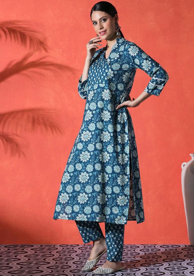 Navy Blue Printed Blended Kurta Set - Indya