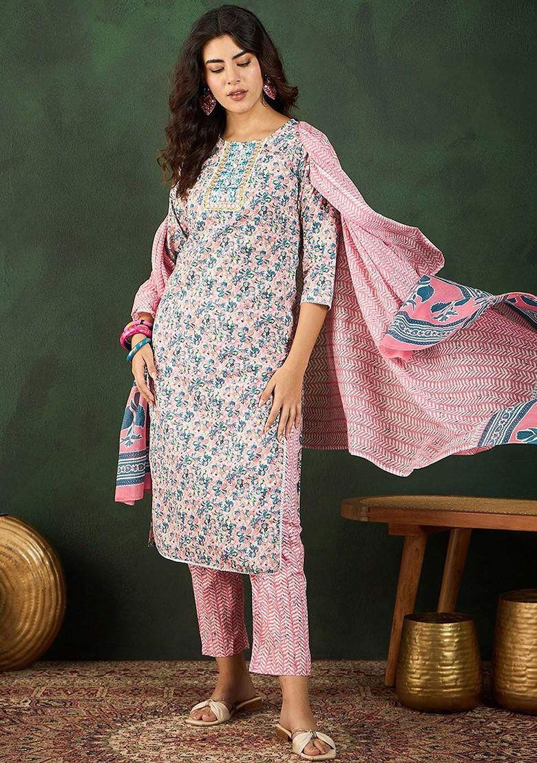 Peach Printed Blended Kurta Set - Indya