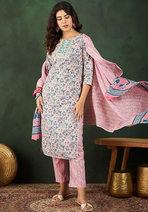 Peach Printed Blended Kurta Set