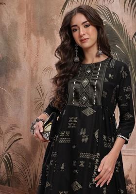 Black Printed Blended Kurta Set
