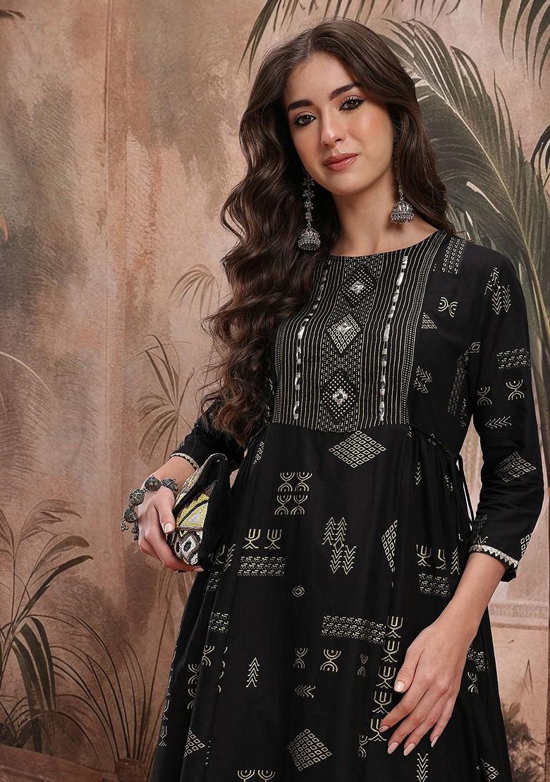 Black Printed Blended Kurta Set - Indya