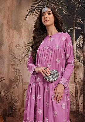 Lavender Printed Blended Kurta Set