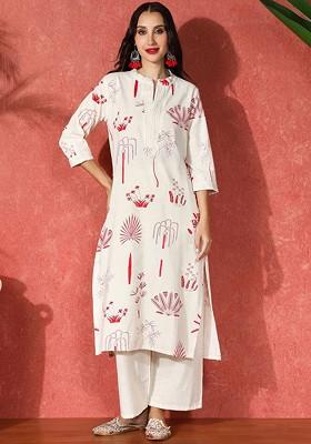 White Printed Blended Kurta Set