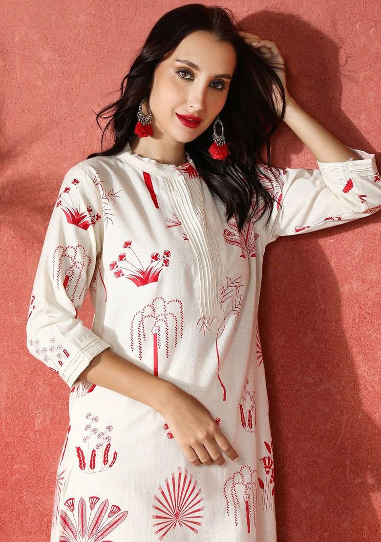 White Printed Blended Kurta Set - Indya