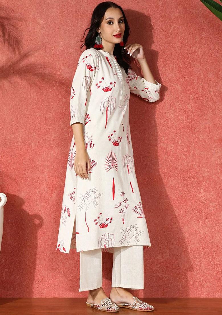 White Printed Blended Kurta Set - Indya
