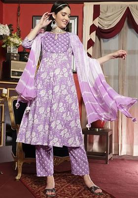 Purple Printed Blended Kurta Set