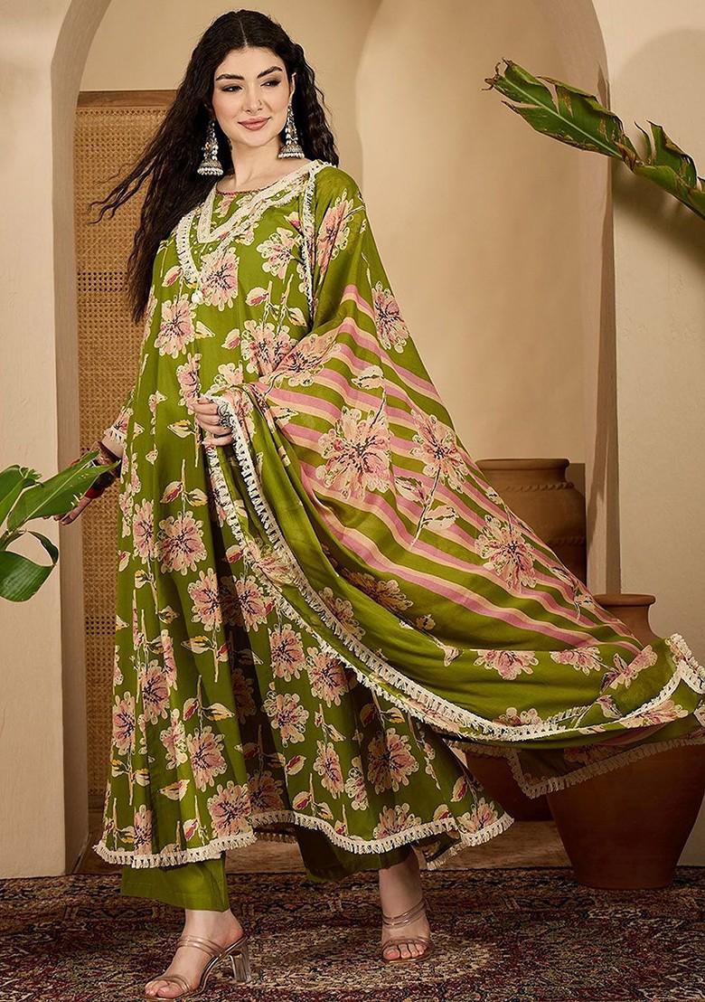 Green Printed Blended Kurta Set - Indya