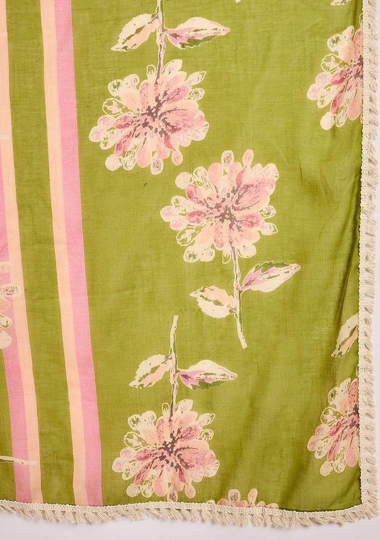Green Printed Blended Kurta Set - Indya