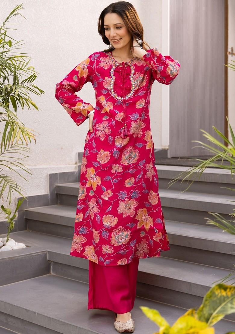 Red Printed Blended Kurta Set - Indya