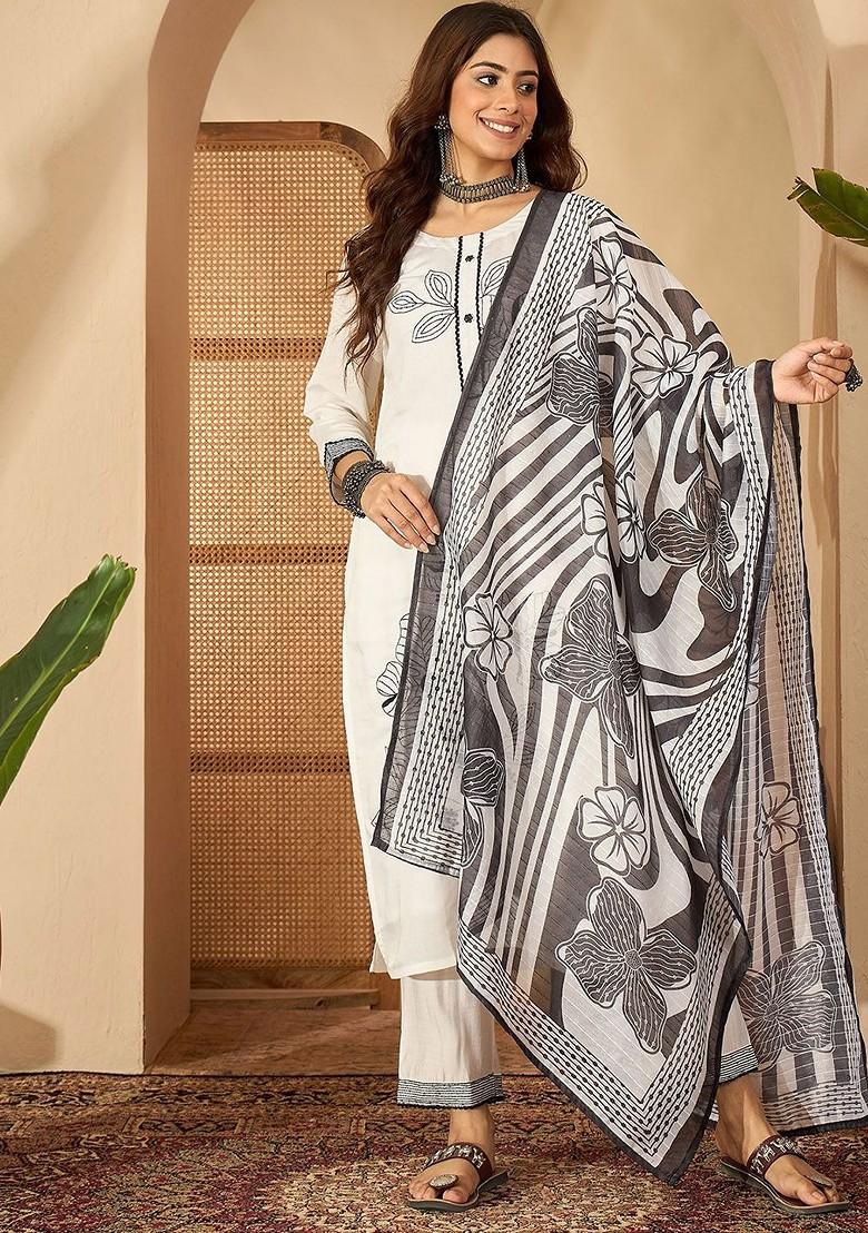 White Embroidered Blended Kurta Set - Indya