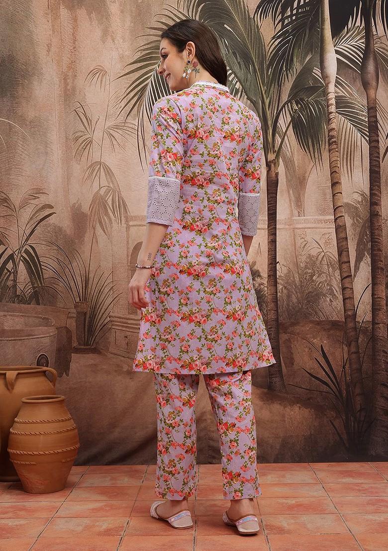 Lavender Printed Blended Kurta Set - Indya