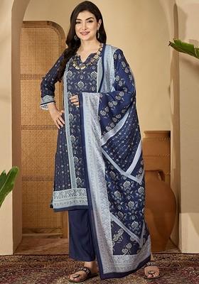 Navy Blue Printed Blended Kurta Set