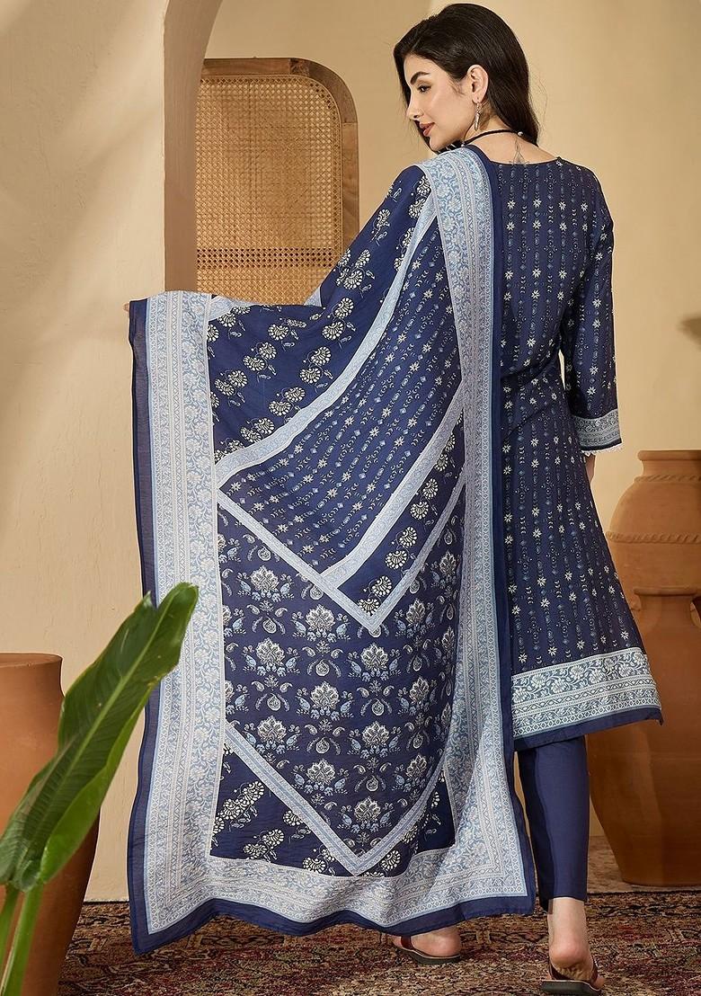 Navy Blue Printed Blended Kurta Set - Indya