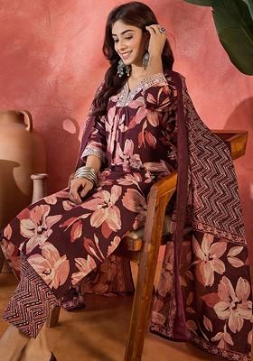 Brown Printed Blended Kurta Set