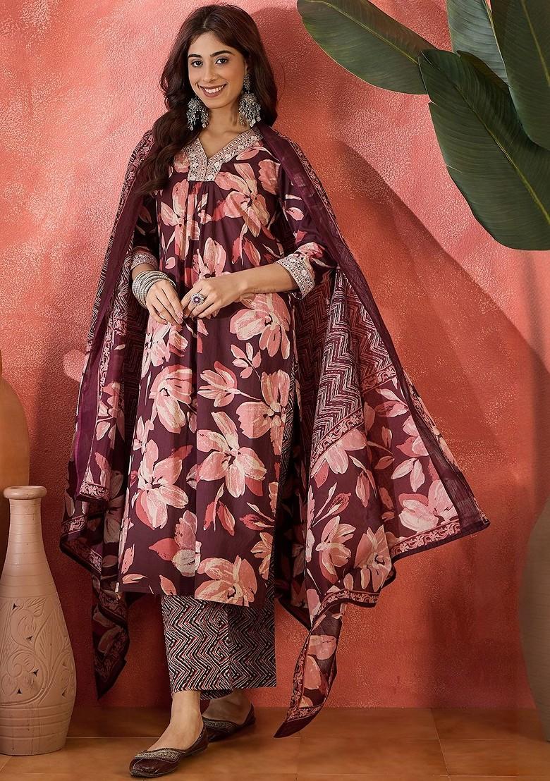 Brown Printed Blended Kurta Set - Indya