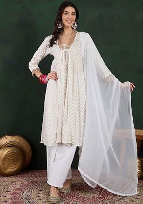 White Printed Blended Kurta Set