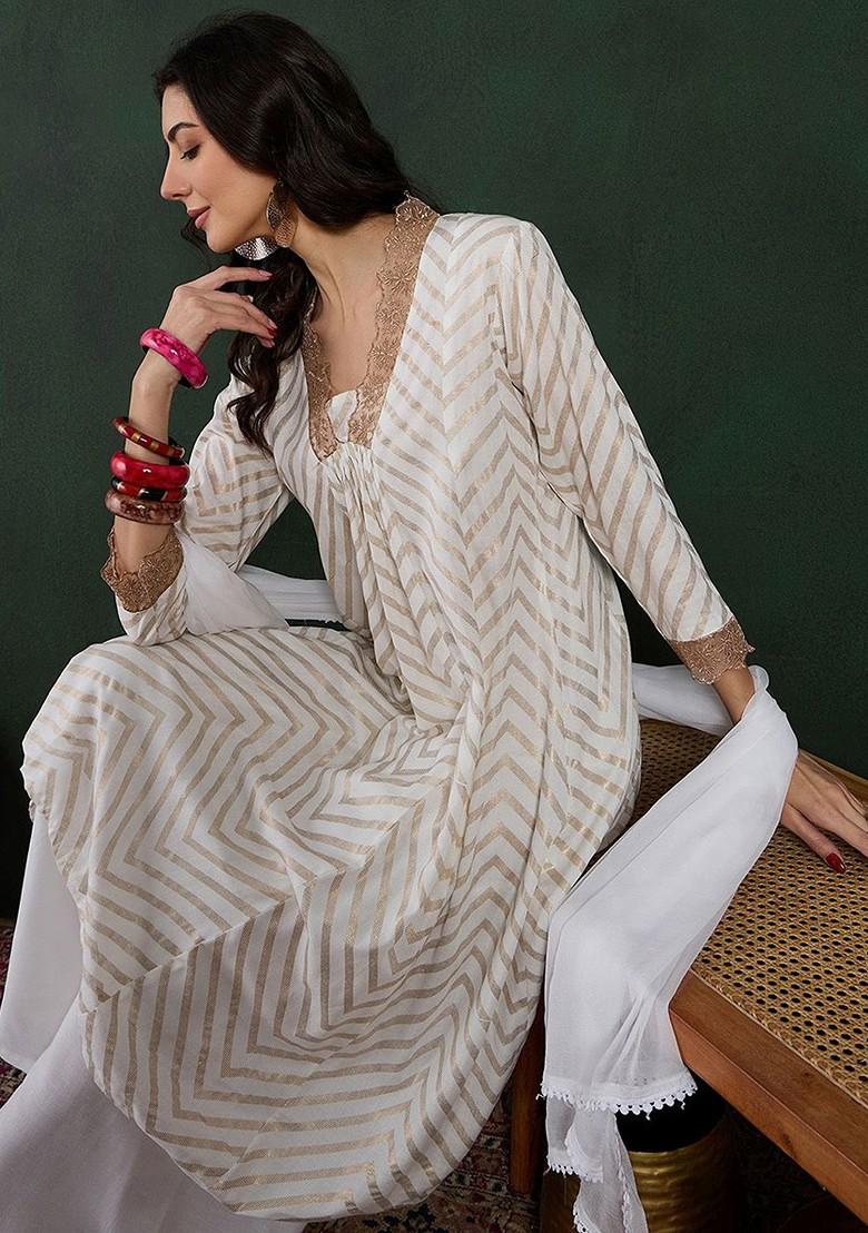 White Printed Blended Kurta Set - Indya