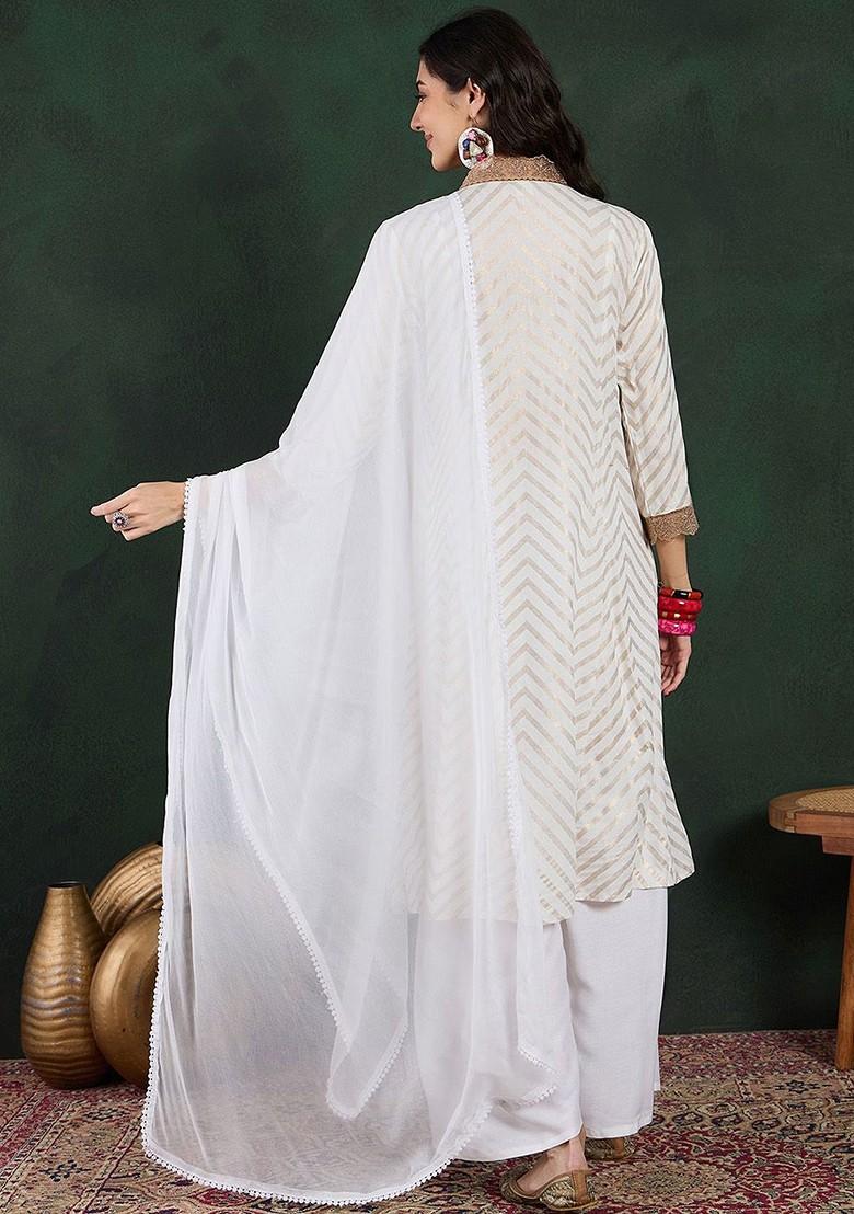 White Printed Blended Kurta Set - Indya