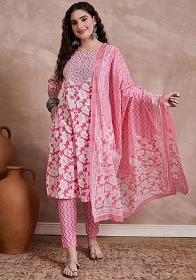 Pink Printed Blended Kurta Set