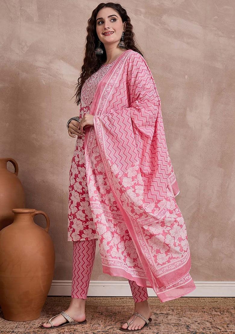 Pink Printed Blended Kurta Set - Indya