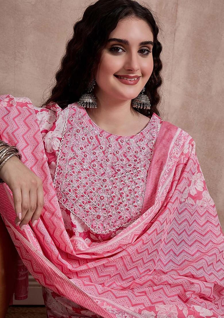 Pink Printed Blended Kurta Set - Indya