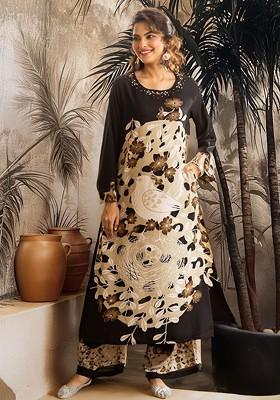 Black Printed Blended Kurta Set